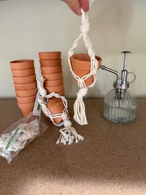 Garden gift set Macrame Hanging Plant Holder with Mini Terracotta Pot
